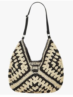 Straw Crochet Hobo Shoulder Bag Black Natural Woven Beach Tote Boho
